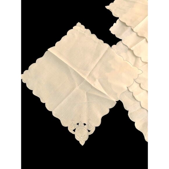 6 Ivory/Taupe Hand Embroidered MADEIRA Cutwork Linen Napkins NOS w Stickers - Picture 2 of 10